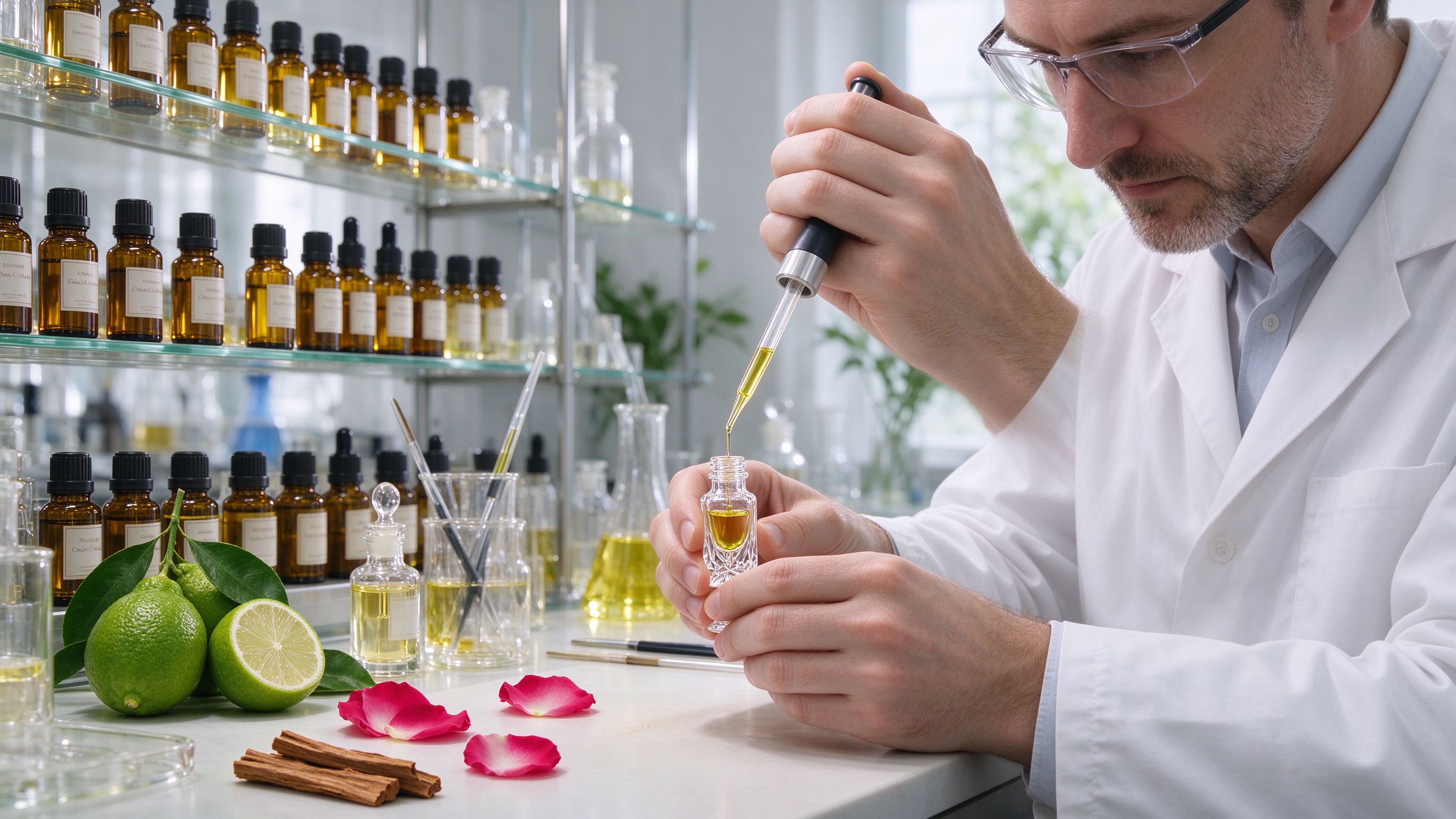 Perfumer developing custom fragrance in laboratory